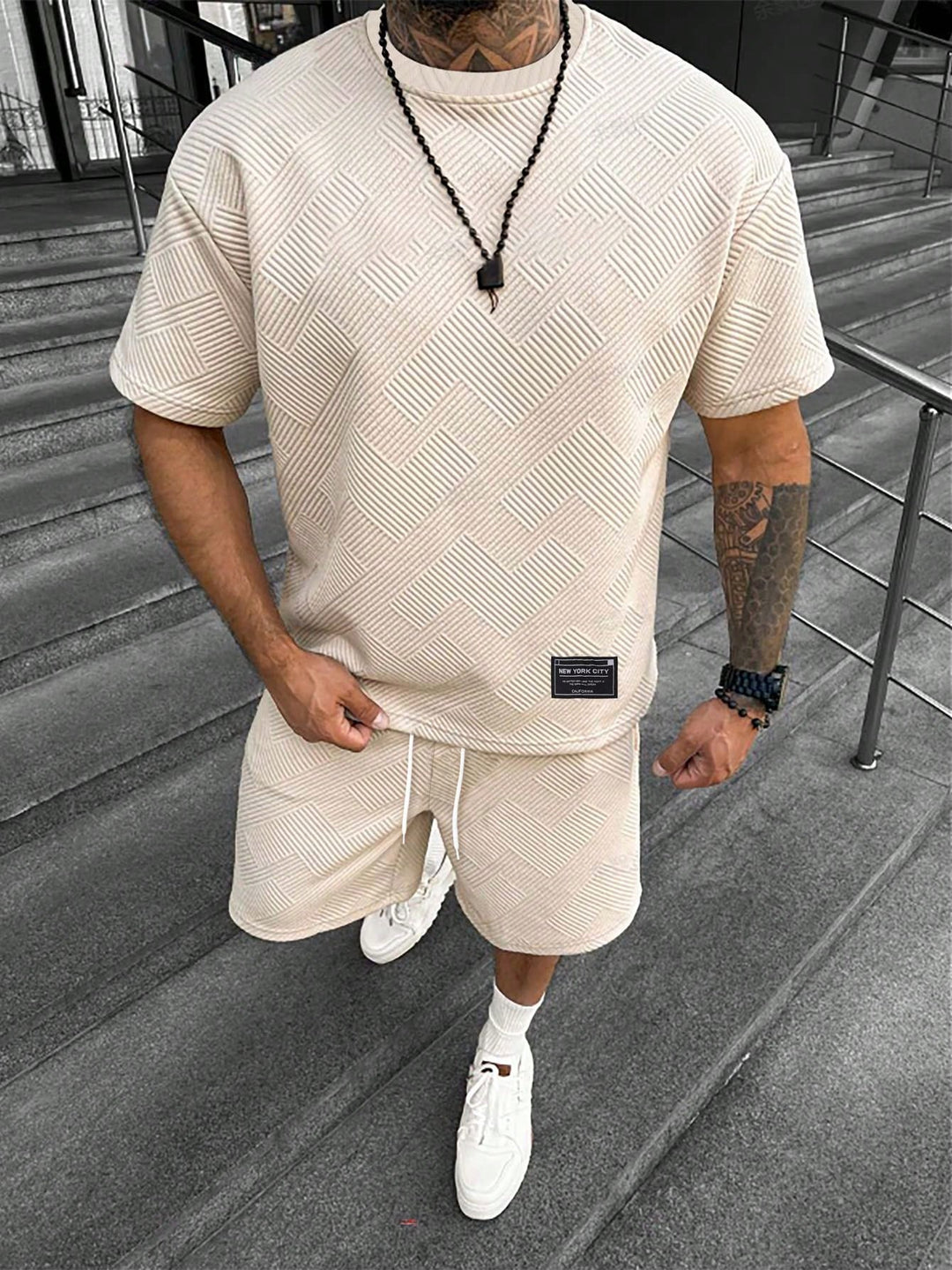 Men’s Textured Knit Lounge Set | Geometric Patterned Tee & Shorts Co-Ord