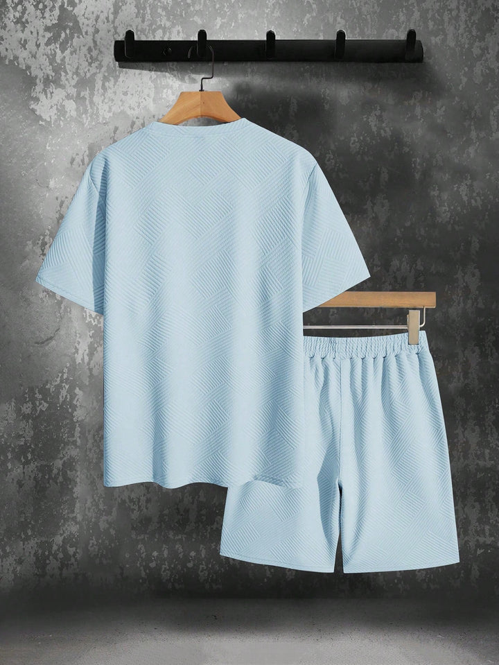 Men’s Textured Knit Lounge Set | Geometric Patterned Tee & Shorts Co-Ord