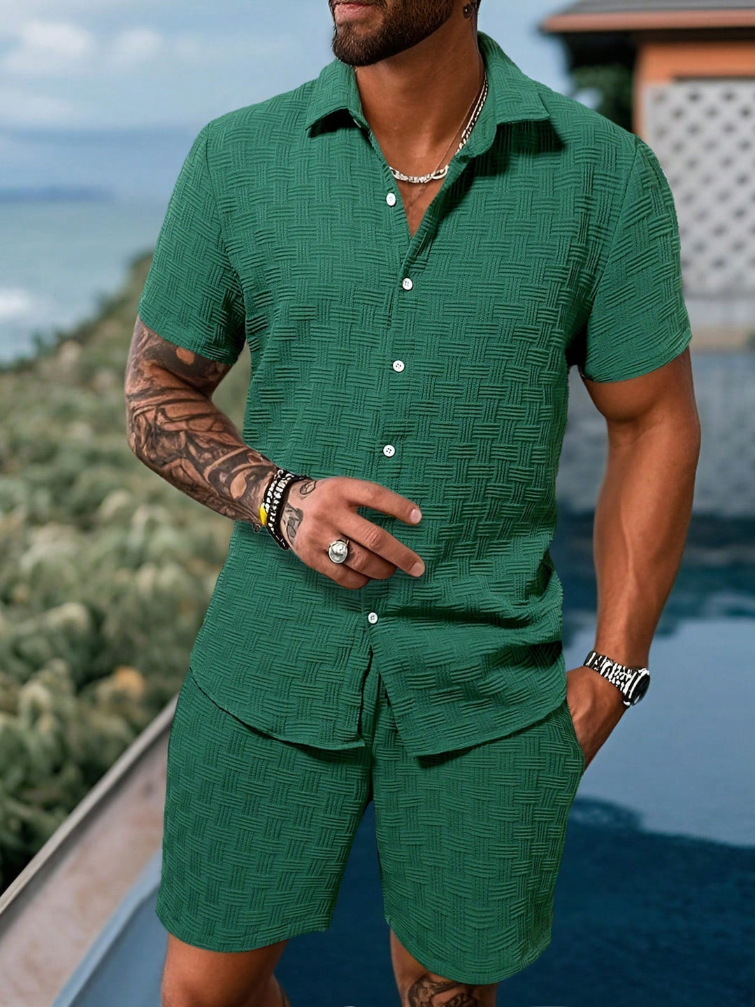 Men's Textured Resort Shirt & Shorts Set | Breathable Summer Co-ord | Slim Fit Look