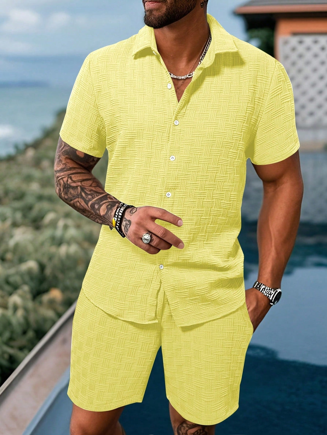 Men's Textured Resort Shirt & Shorts Set | Breathable Summer Co-ord | Slim Fit Look