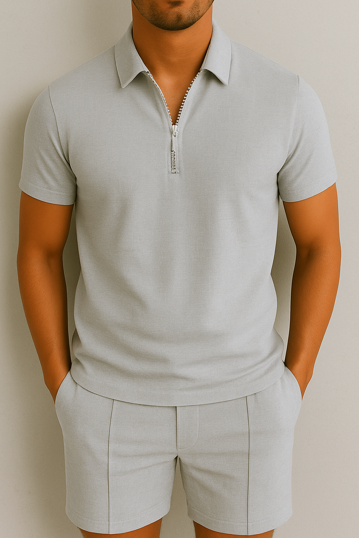 Men’s Zip Polo Knit Set | Textured Short-Sleeve Top & Lounge Shorts