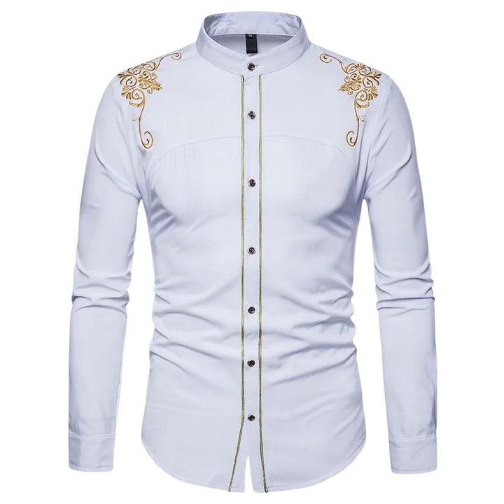 Men's Embroidered Dress Shirt | Gold Accent Trim & Slim Fit | Formal Casual Blend
