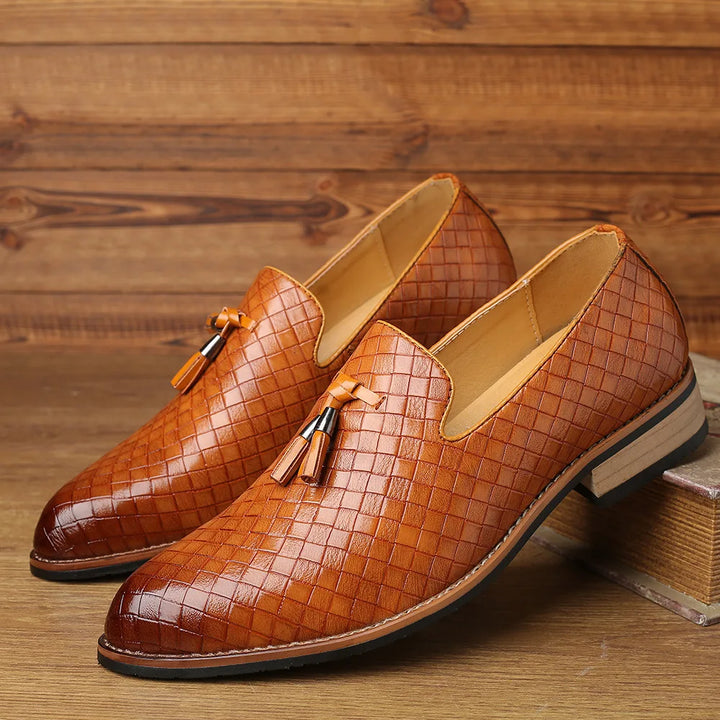 Men’s Woven Gloss Loafers | Slip-On Dress Shoes | Faux Leather Upper