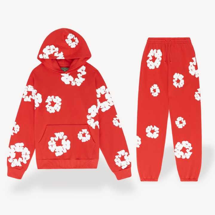 Unisex Daisy Print Tracksuit Set | Fleece Hoodie & Joggers in Soft Grey