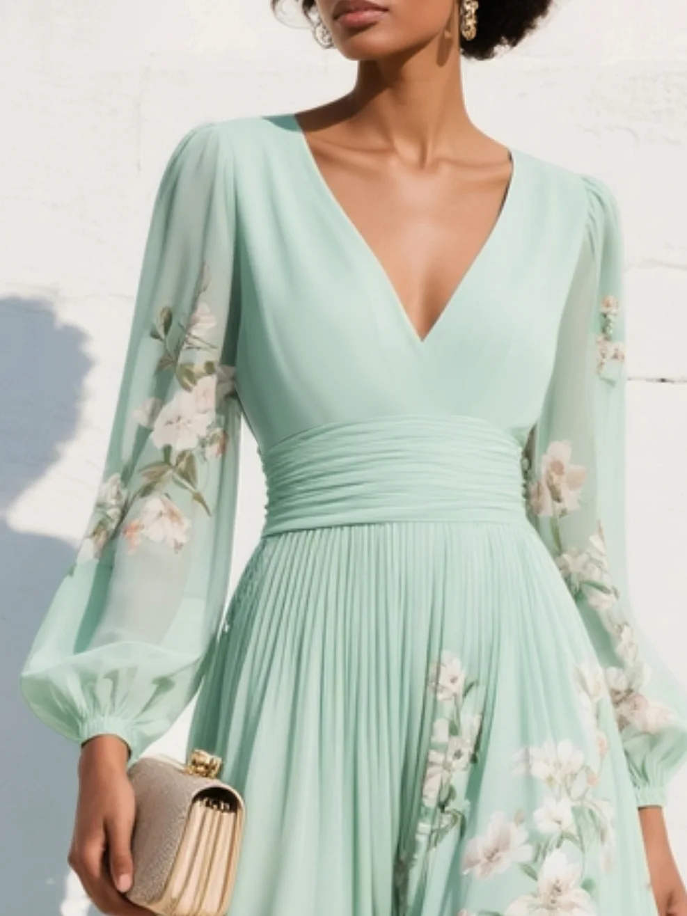 Light Green V-Neck Chiffon Pleated Floral Midi Dress-