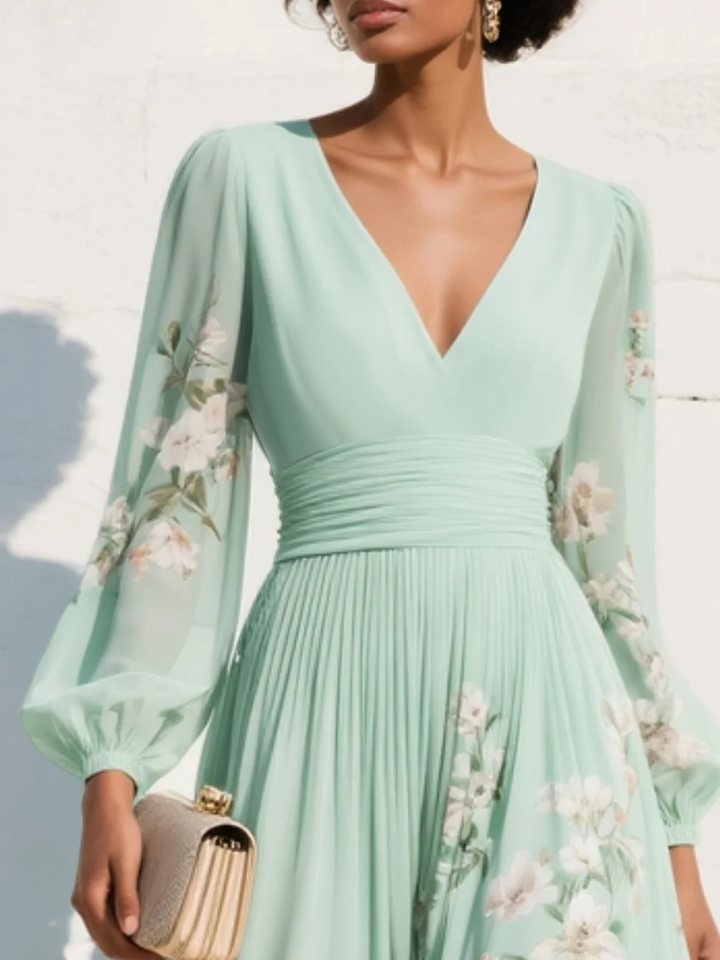 Light Green V-Neck Chiffon Pleated Floral Midi Dress-
