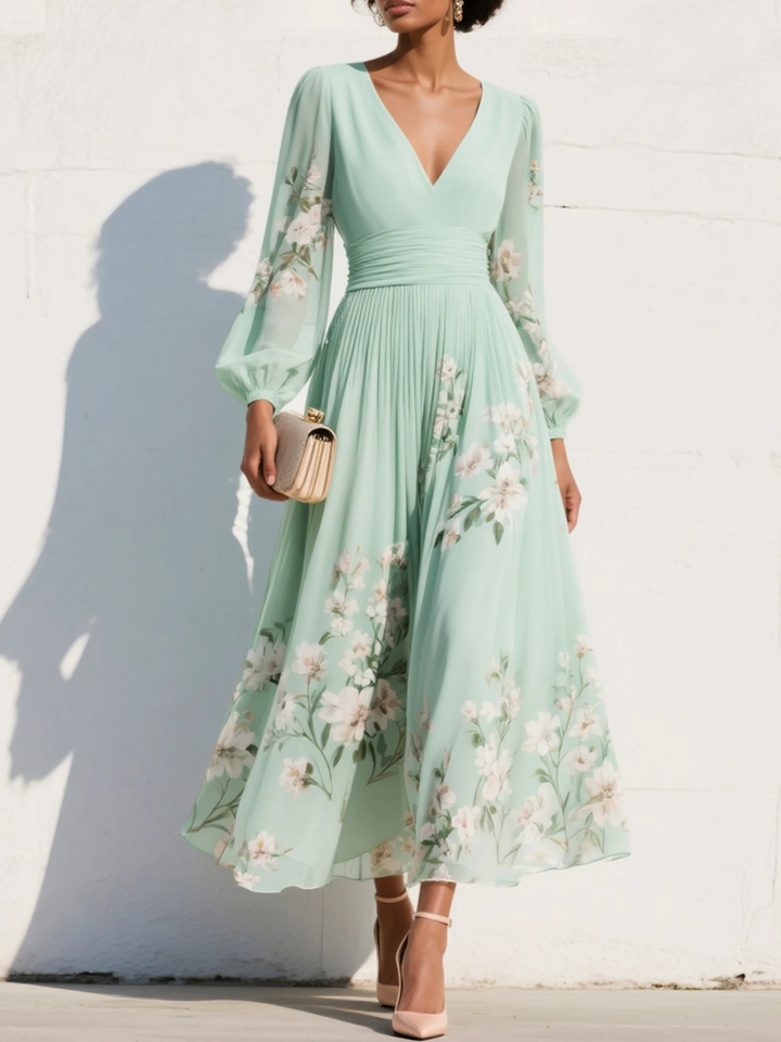 Light Green V-Neck Chiffon Pleated Floral Midi Dress-