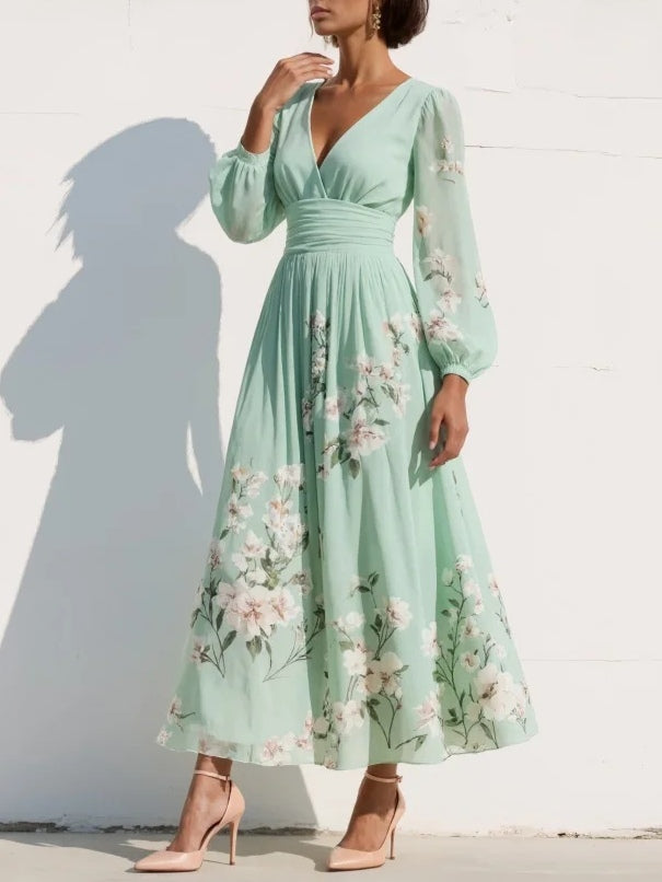 Light Green V-Neck Chiffon Pleated Floral Midi Dress-